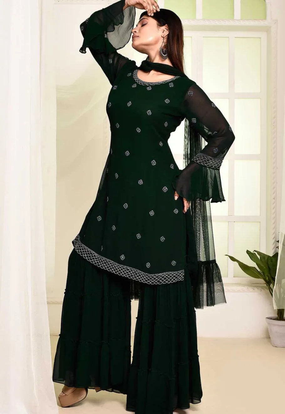Wedding Wear>Utsav Fashion Hand Embroidered Georgette Pakistani Suit in Dark Green