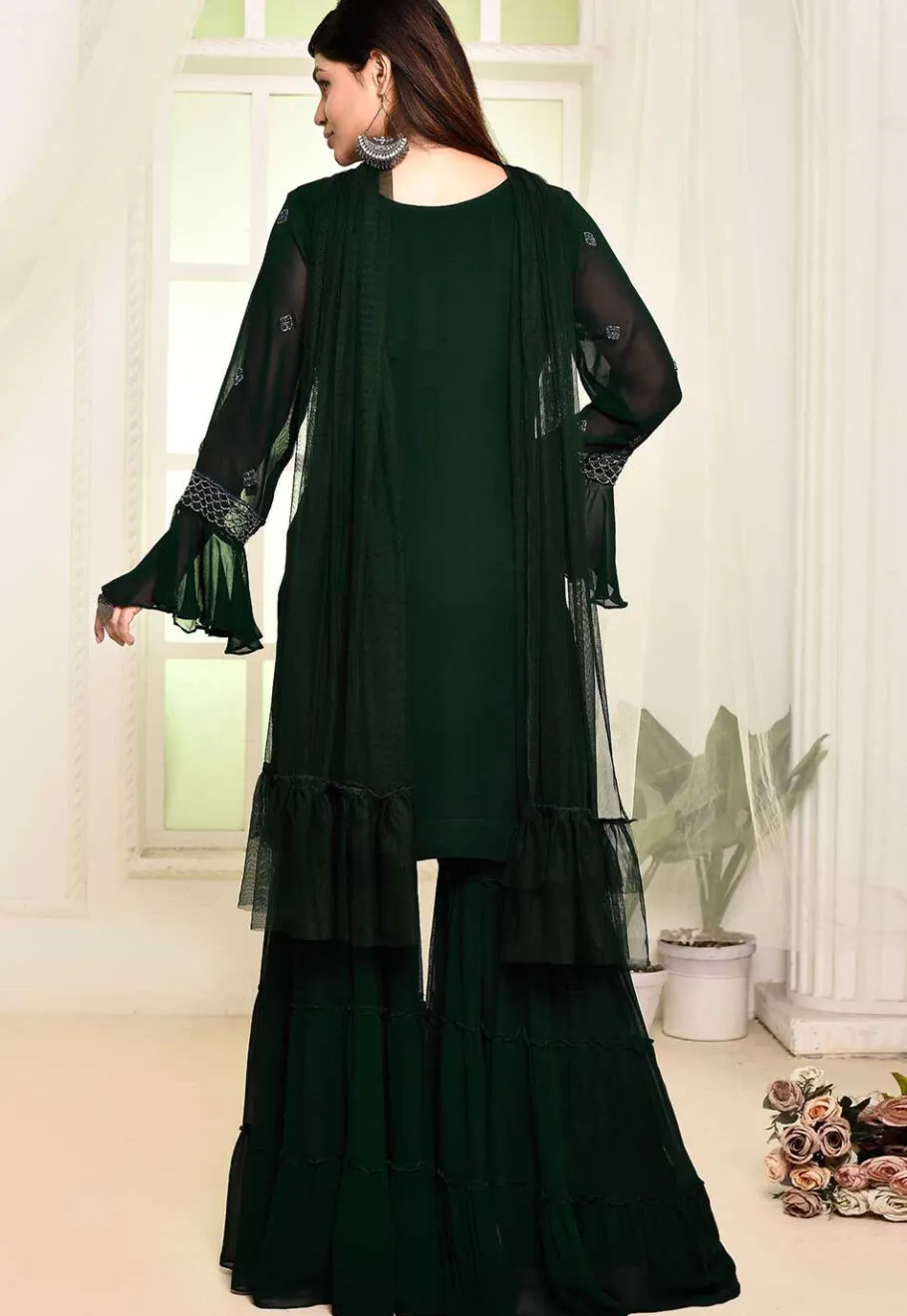 Wedding Wear>Utsav Fashion Hand Embroidered Georgette Pakistani Suit in Dark Green