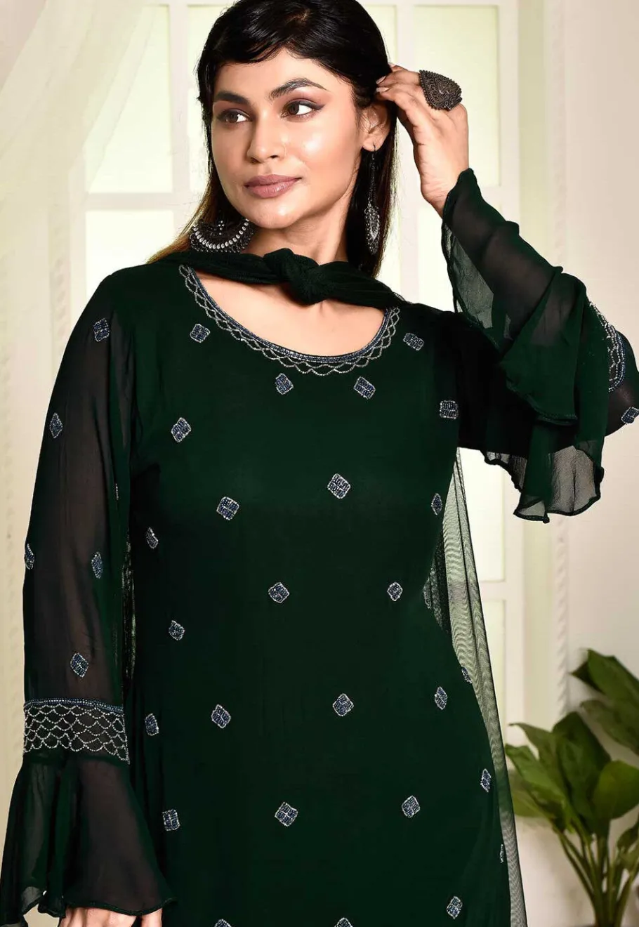 Wedding Wear>Utsav Fashion Hand Embroidered Georgette Pakistani Suit in Dark Green