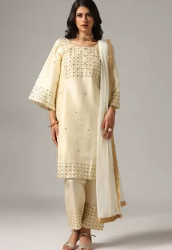 Wedding Wear|Party Wear>Utsav Fashion Hand Embroidered Raw Silk Pakistani Suit in Cream White
