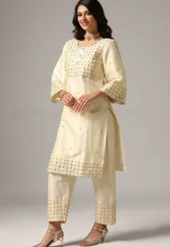 Wedding Wear|Party Wear>Utsav Fashion Hand Embroidered Raw Silk Pakistani Suit in Cream White