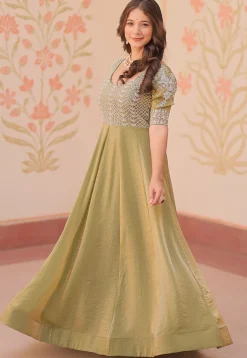 Gowns>Utsav Fashion Hand Embroidered Tissue Gown in Olive Green