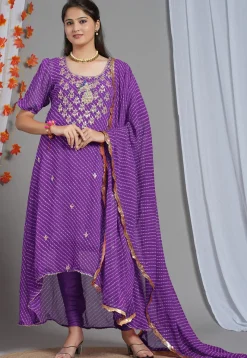 A-Line Suits|Wedding Wear>Utsav Fashion Leheriya Printed Georgette Asymmetric A Line Suit in Purple