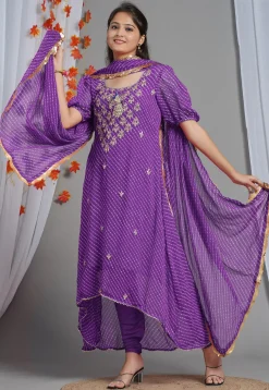 A-Line Suits|Wedding Wear>Utsav Fashion Leheriya Printed Georgette Asymmetric A Line Suit in Purple