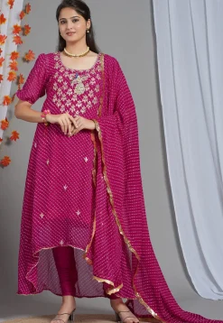 A-Line Suits|Wedding Wear>Utsav Fashion Leheriya Printed Georgette Asymmetric A Line Suit in Fuchsia Pink