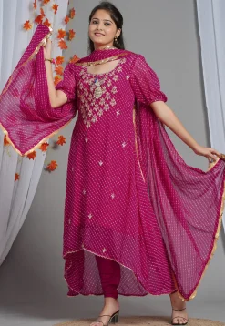 A-Line Suits|Wedding Wear>Utsav Fashion Leheriya Printed Georgette Asymmetric A Line Suit in Fuchsia Pink
