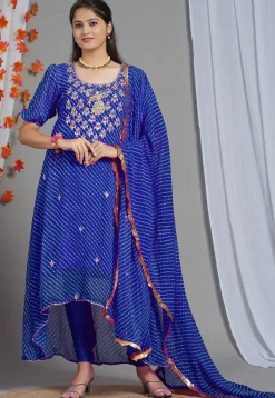 A-Line Suits|Wedding Wear>Utsav Fashion Leheriya Printed Georgette Asymmetric A Line Suit in Royal Blue