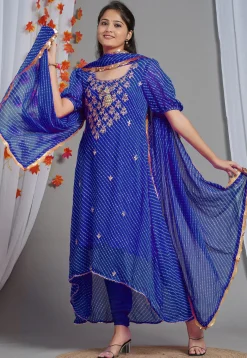 A-Line Suits|Wedding Wear>Utsav Fashion Leheriya Printed Georgette Asymmetric A Line Suit in Royal Blue