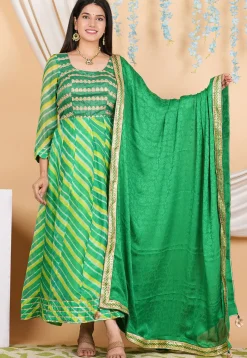 Anarkali Style>Utsav Fashion Leheriya PrintedPure Kota Silk Anarkali Suit in Green