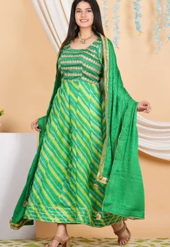 Anarkali Style>Utsav Fashion Leheriya PrintedPure Kota Silk Anarkali Suit in Green