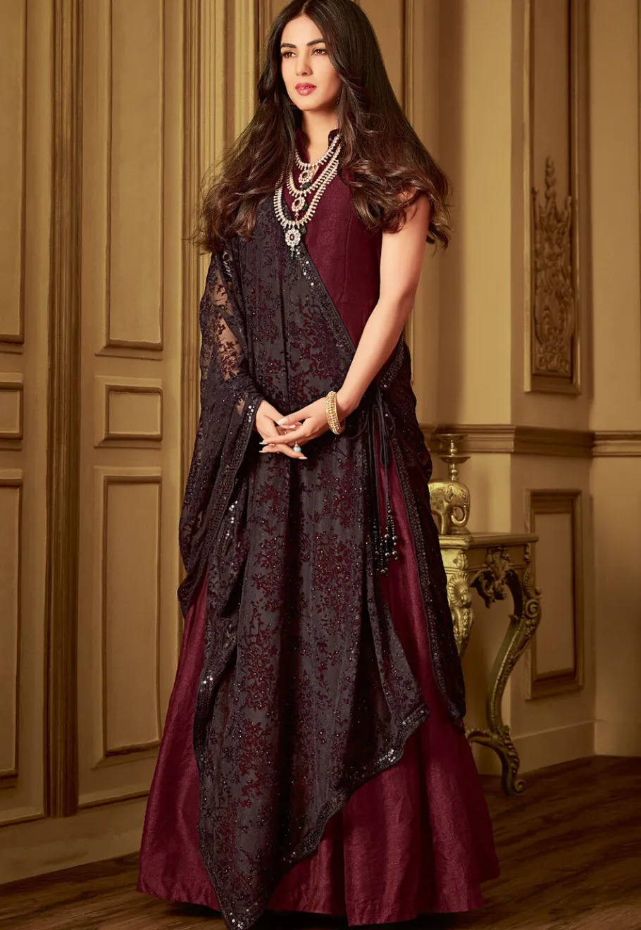 Art Silk Suits|Abaya Style>Utsav Fashion Plain Art Silk Abaya Style Suit in Maroon Red