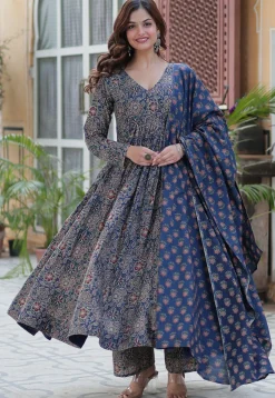 A-Line Suits|Casual Wear>Utsav Fashion Printed Cotton A Line Suit in Navy Blue