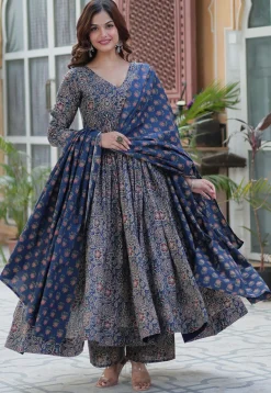 A-Line Suits|Casual Wear>Utsav Fashion Printed Cotton A Line Suit in Navy Blue