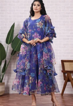 A-Line Suits|Casual Wear>Utsav Fashion Printed Organza Aline Suit in Blue Black