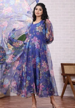 A-Line Suits|Casual Wear>Utsav Fashion Printed Organza Aline Suit in Blue Black