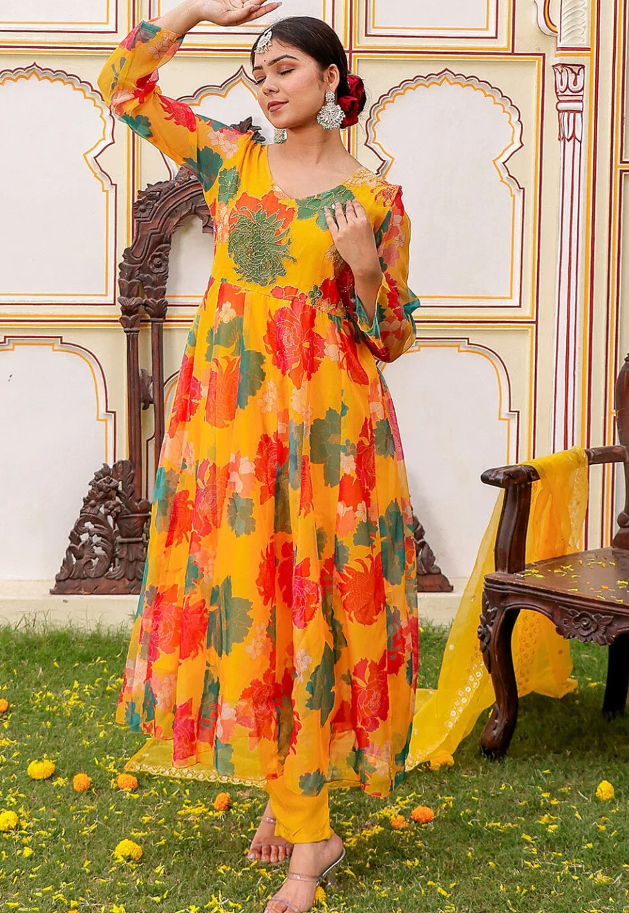 Anarkali Style>Utsav Fashion Printed Organza Anarkali Suit in Mustard Yellow
