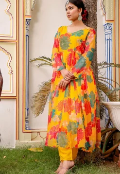 Anarkali Style>Utsav Fashion Printed Organza Anarkali Suit in Mustard Yellow