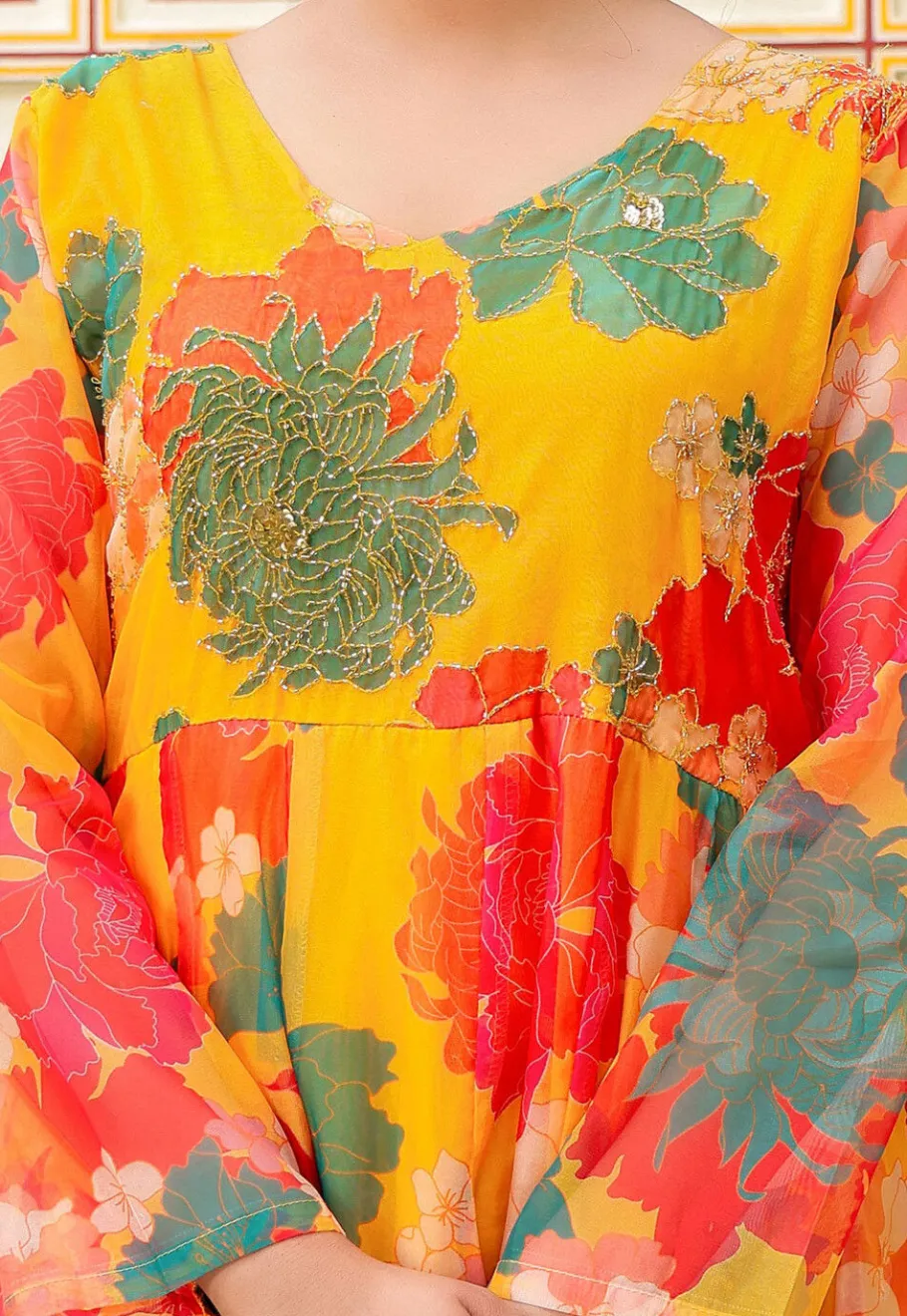 Anarkali Style>Utsav Fashion Printed Organza Anarkali Suit in Mustard Yellow
