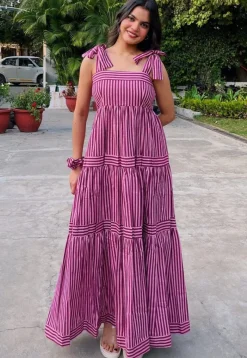 Gowns>Utsav Fashion Stripe Printed Rayon Tiered Gown in Pink
