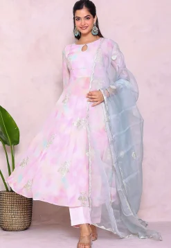 A-Line Suits|Party Wear>Utsav Fashion Tie Dye Printed Georgette A Line Suit in Multicolor Purple