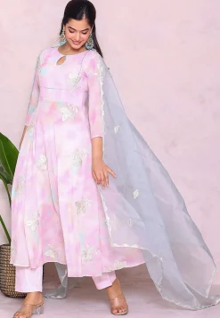 A-Line Suits|Party Wear>Utsav Fashion Tie Dye Printed Georgette A Line Suit in Multicolor Purple