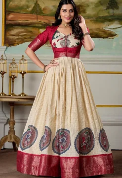 Gowns>Utsav Fashion Woven Art Silk Gown in Light Beige