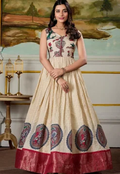 Gowns>Utsav Fashion Woven Art Silk Gown in Light Beige