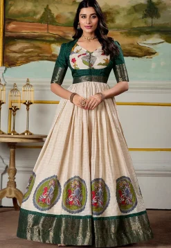 Gowns>Utsav Fashion Woven Art Silk Gown in Light Beige