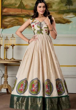Gowns>Utsav Fashion Woven Art Silk Gown in Light Beige