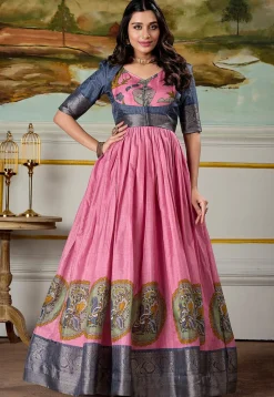 Gowns>Utsav Fashion Woven Art Silk Gown in Pink