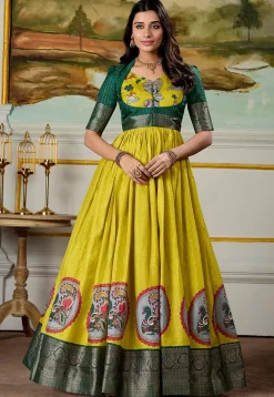 Gowns>Utsav Fashion Woven Art Silk Gown in Yellow