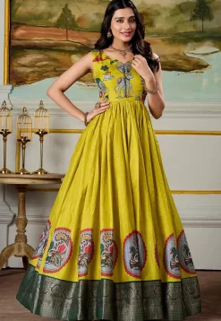 Gowns>Utsav Fashion Woven Art Silk Gown in Yellow