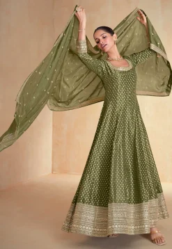 Wedding Wear>Utsav Fashion Woven Art Silk Jacquard Abaya Style Suit in Dark Olive Green