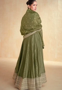 Wedding Wear>Utsav Fashion Woven Art Silk Jacquard Abaya Style Suit in Dark Olive Green