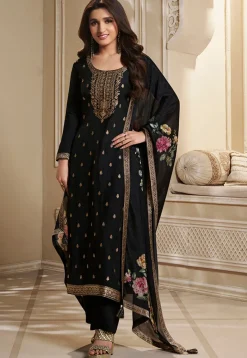 Art Silk Suits|Bollywood Wear>Utsav Fashion Woven Chinon Silk Pakistani Suit in Black