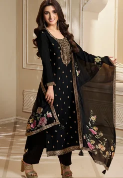 Art Silk Suits|Bollywood Wear>Utsav Fashion Woven Chinon Silk Pakistani Suit in Black