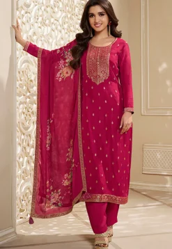 Bollywood Wear>Utsav Fashion Woven Chinon Silk Pakistani Suit in Fuchsia Pink
